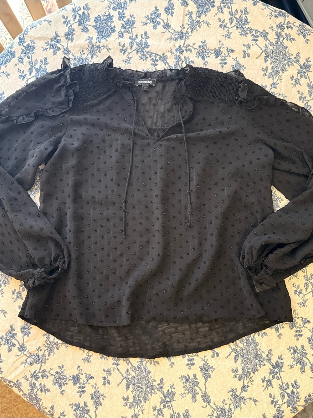 Express Black Swiss Dot Tie-Neck Ruffle Blouse